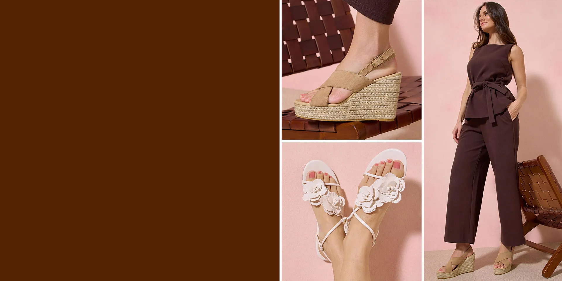 Braune Outfit-Kombination mit passenden Keilabsatz-Sandalen.