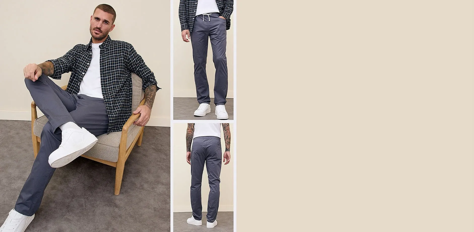 Kariertes Hemd, weißes T-Shirt und graue Komfortbundhose.