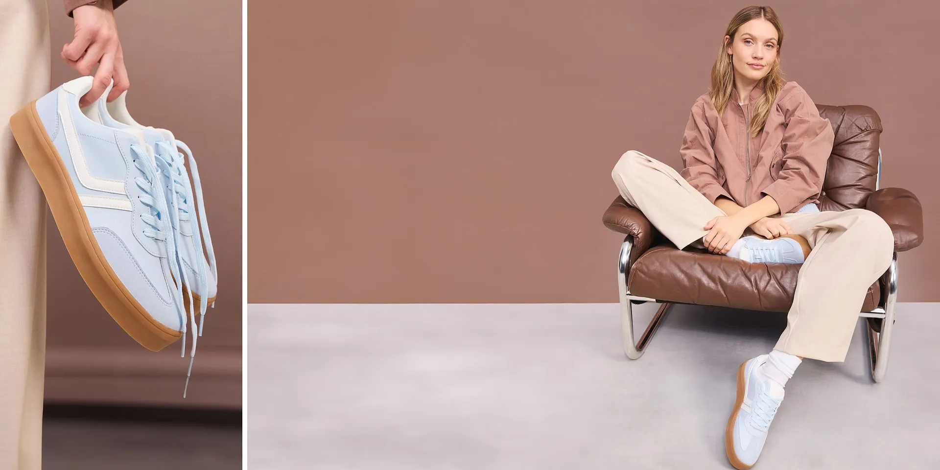 Braune Jacke kombiniert zur beigen Hose und hellblauen Sneaker.