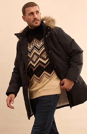 Herren - Winter-Parka mit Teddyfutter und abnehmbarer Kapuze - schwarz