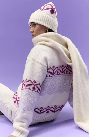 Femme - Pull norvégien oversize - blanc nacré imprimé