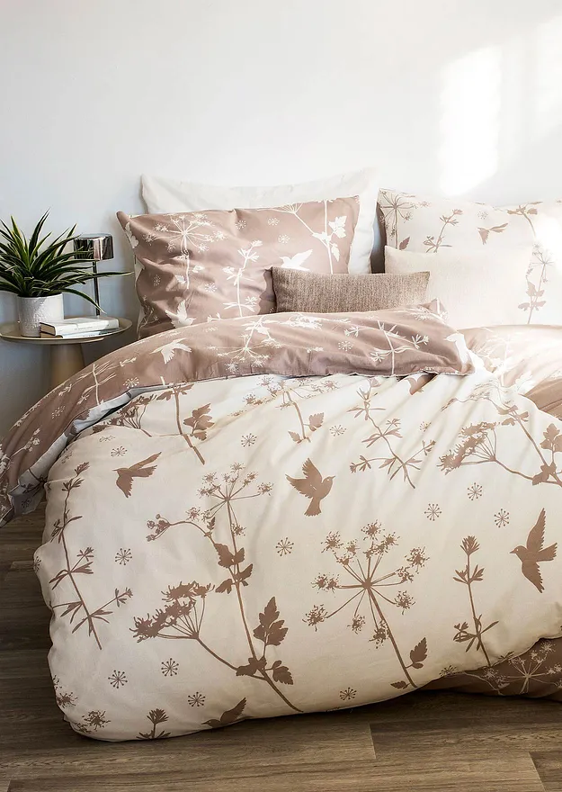 Maison & Jardin - Parure de lit réversible en linon - beige/blanc