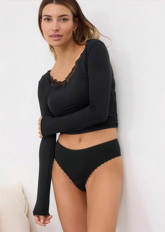 Damen - Ultralight Langarmshirt mit V-Ausschnitt und Spitze aus Kaschmir-Mix - schwarz