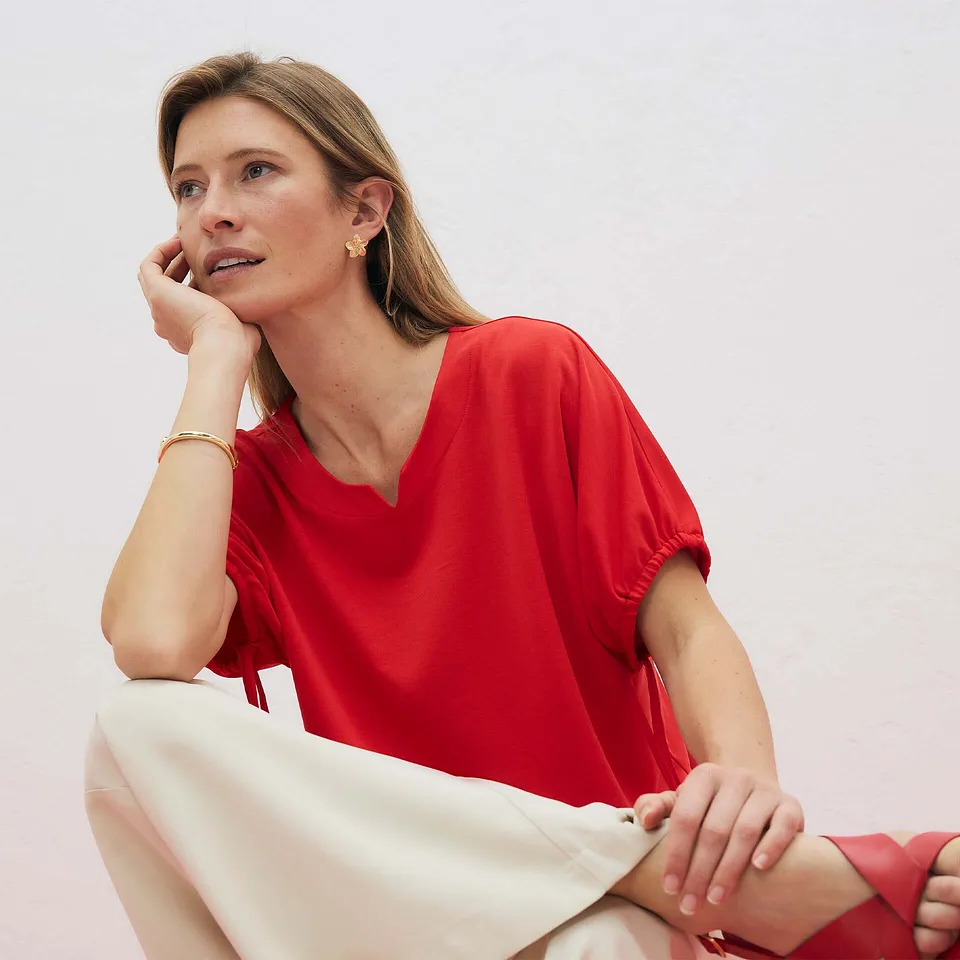 Damen - Lockeres Shirt aus robustem Piqué - erdbeere