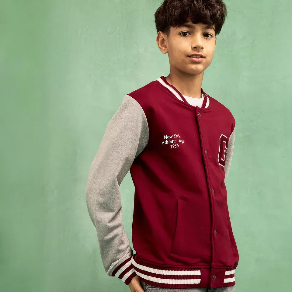 Kinder - College-Sweatjacke mit weicher Baumwolle - ahornrot/hellgrau meliert bedruckt