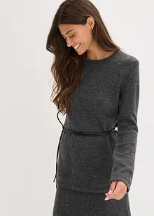 Strickshirt mit Wollanteil und Lederimitat- Bindeband, bonprix Strickshirt mit Wollanteil und Lederimitat- Bindeband, bonprix