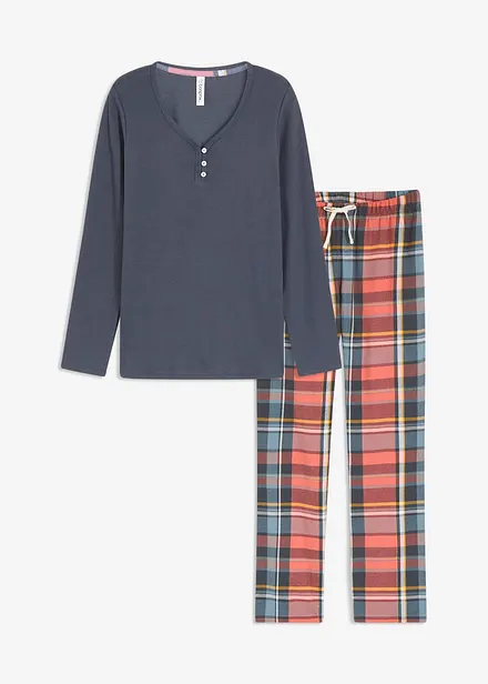 Pyjama avec T-shirt côtelé et pantalon en flanelle à fil brillant