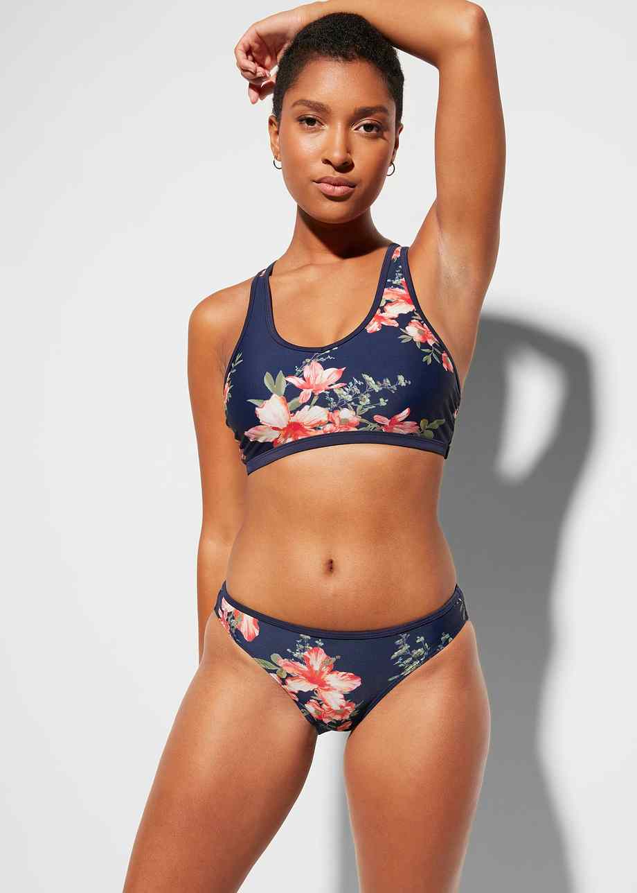 Schöner Bikini mit Blumen Print aus nachhaltiger Badeware dunkelblau