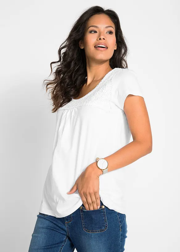 Baumwoll Shirt mit Spitze, Kurzarm, bonprix