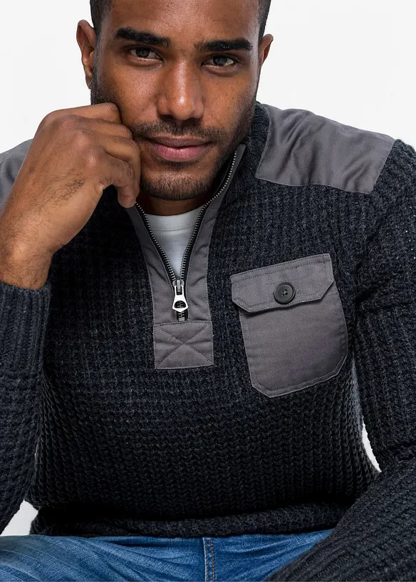 Pull camionneur en grosse maille avec empiècement en tissu, bonprix