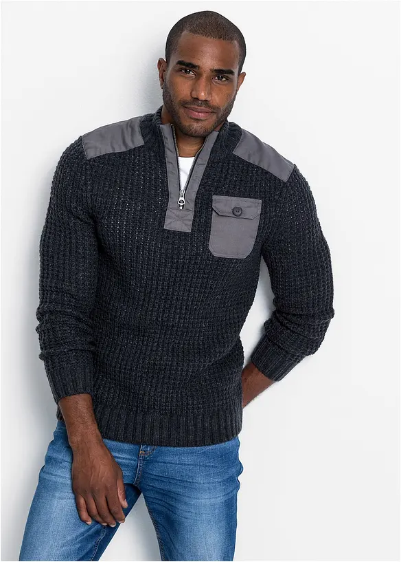 Pull camionneur en grosse maille avec empiècement en tissu, bonprix