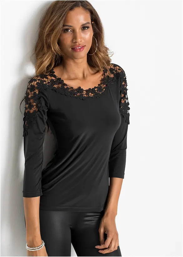 Shirt mit Häkeleinsatz und 3/4 Arm, bonprix
