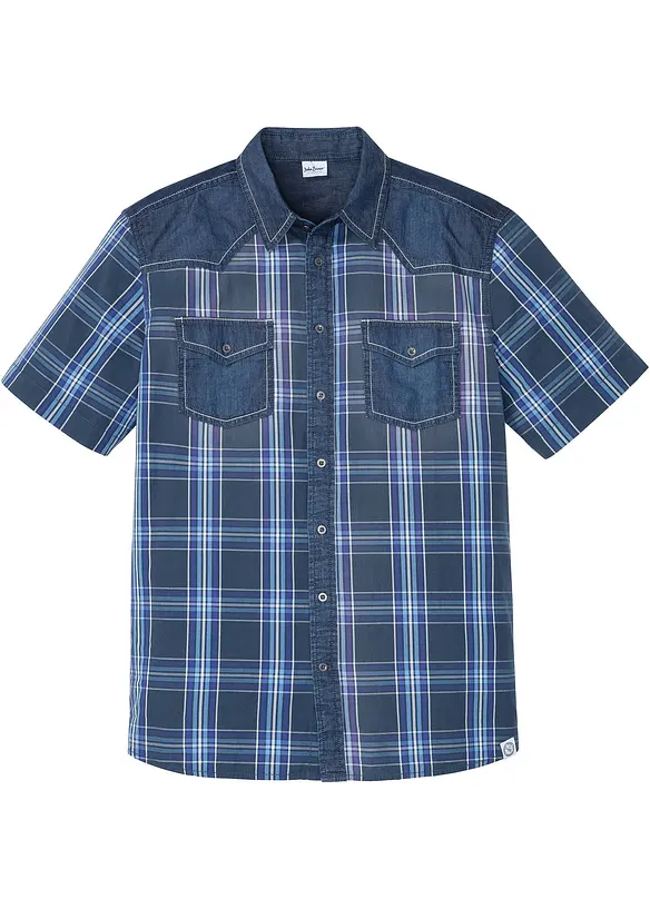 Kurzarmhemd mit Denimbesatz aus reiner Bio-Baumwolle, bonprix