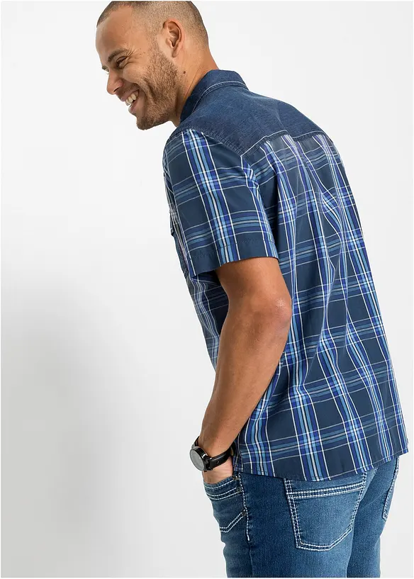 Kurzarmhemd mit Denimbesatz aus reiner Bio-Baumwolle, bonprix