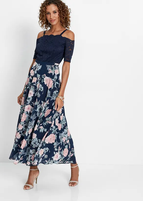 Robe en crêpe avec dentelle et imprimé floral, bpc selection