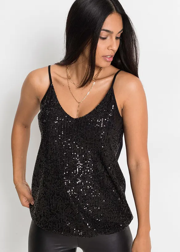 Top à bretelles fines et sequins, matière douce, bonprix