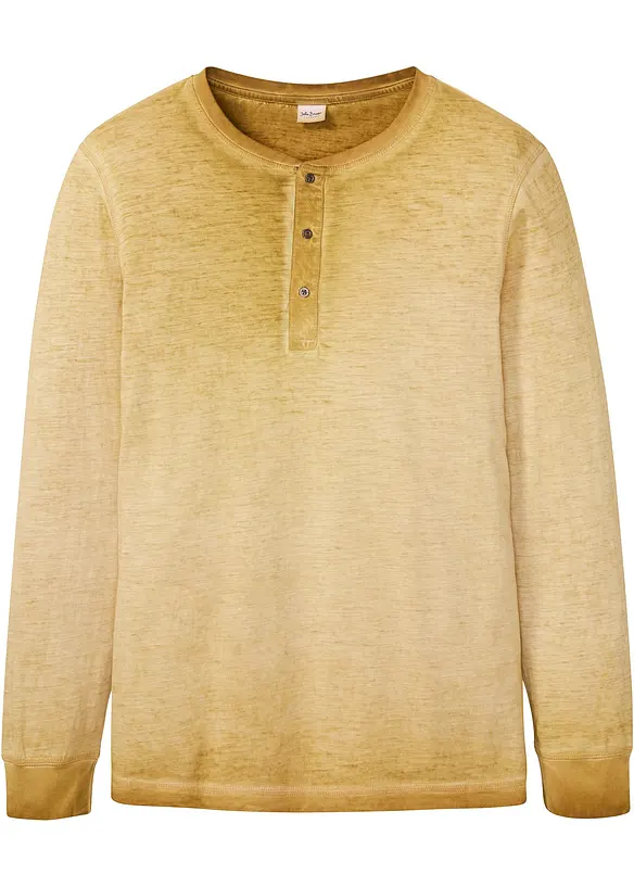 T-shirt coton col tunisien aspect délavé, manches longues, bonprix