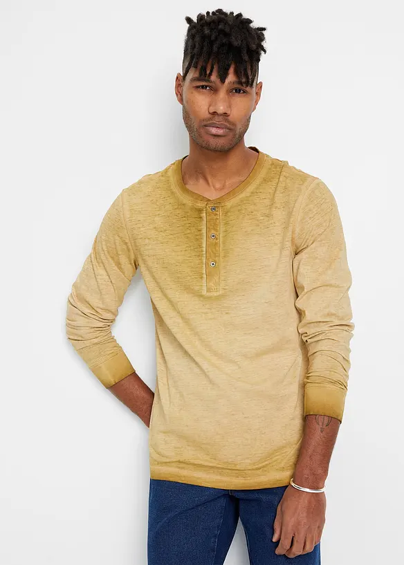 T-shirt coton col tunisien aspect délavé, manches longues, bonprix