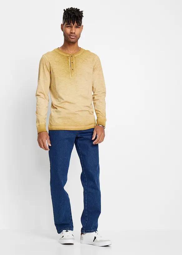 T-shirt coton col tunisien aspect délavé, manches longues, bonprix