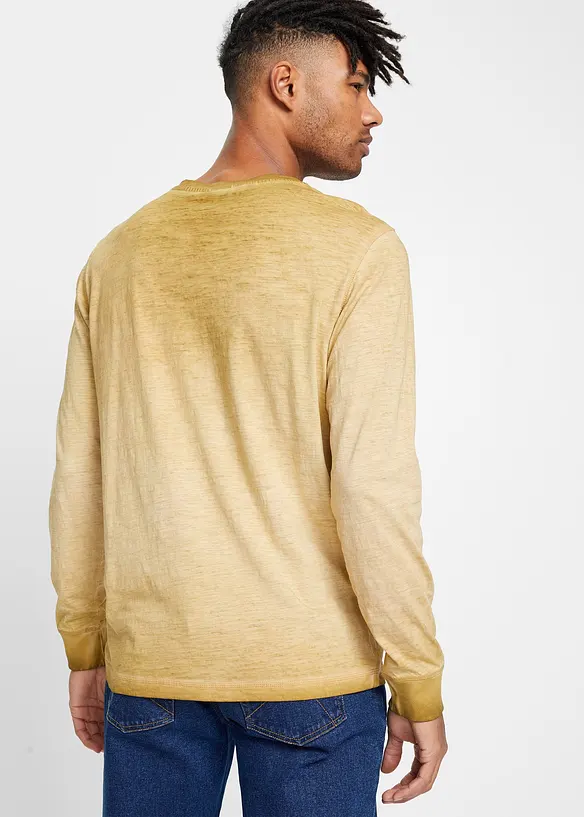 T-shirt coton col tunisien aspect délavé, manches longues, bonprix