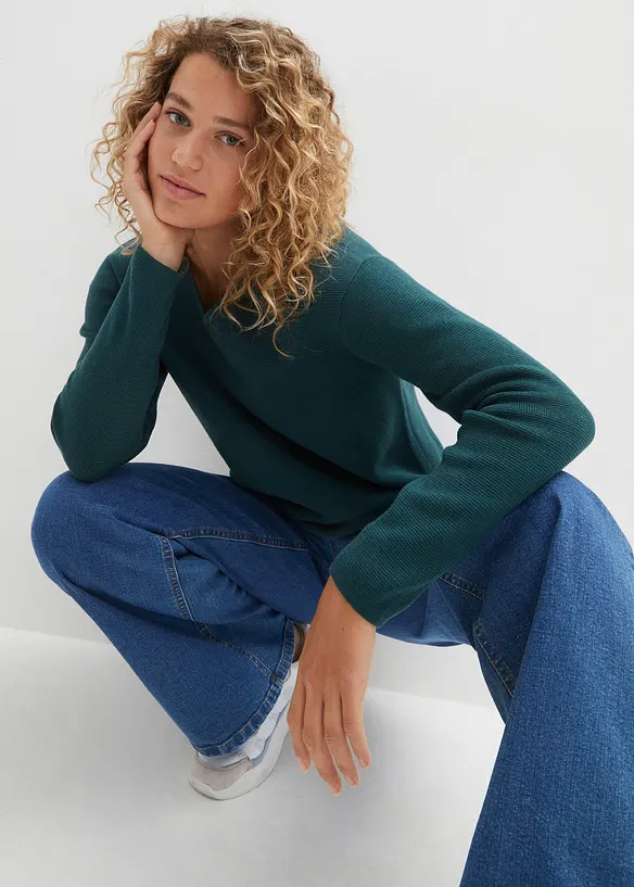 Pull col V en maille milano côtelée, bonprix