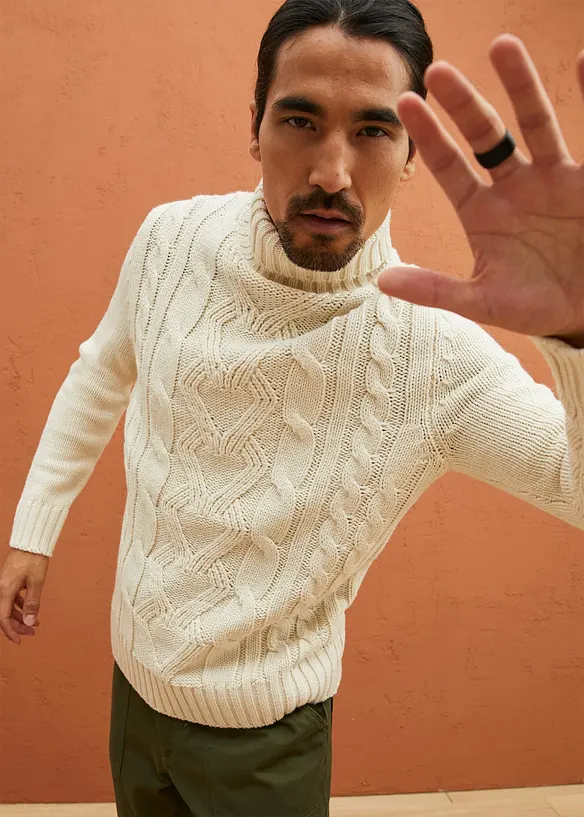 Pull col roulé en maille torsadée, bonprix