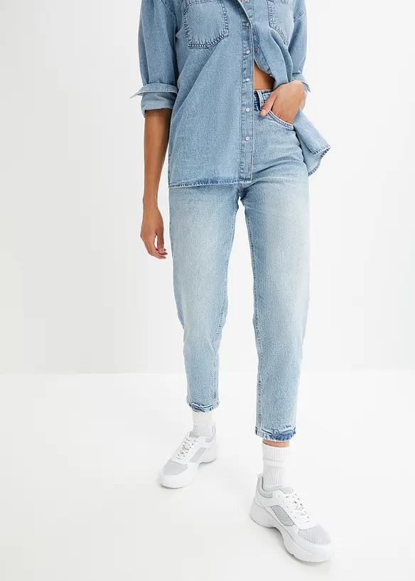 Jean mom taille haute, peu extensible, cropped, bonprix