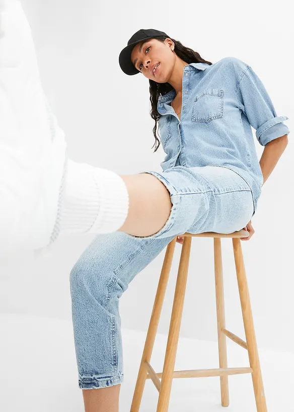 Jean mom taille haute, peu extensible, cropped, bonprix