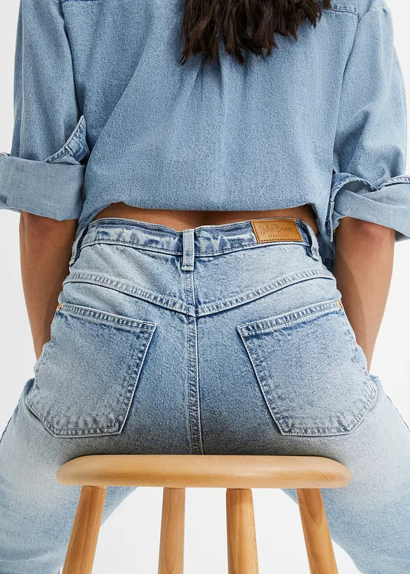 Jean mom taille haute, peu extensible, cropped, bonprix