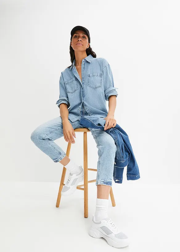 Jean mom taille haute, peu extensible, cropped, bonprix