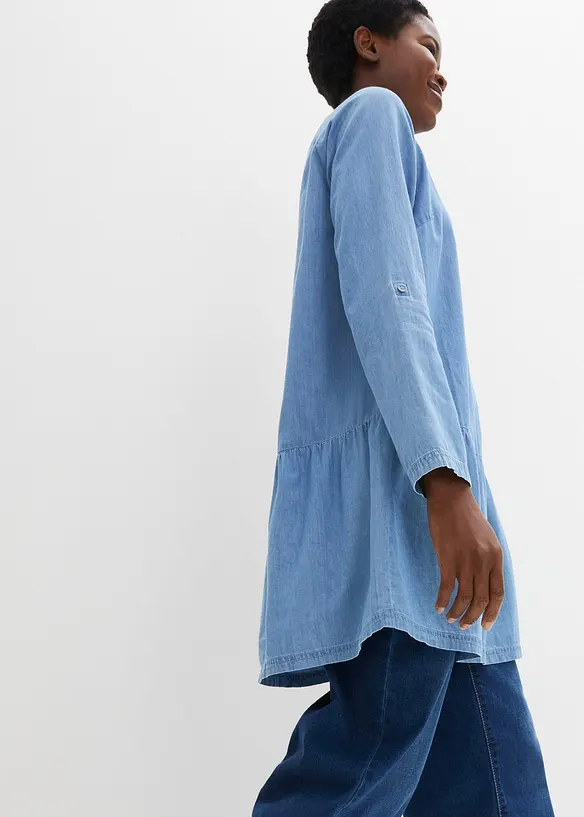 Denim-Tunika mit Volant aus Bio-Baumwolle, langarm, bonprix