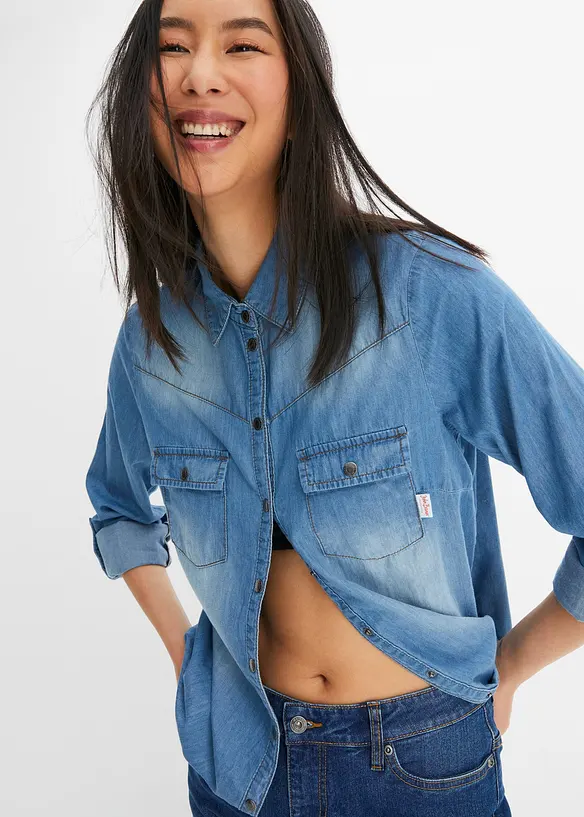 Jeansbluse mit Druckknöpfen, Langarm, bonprix