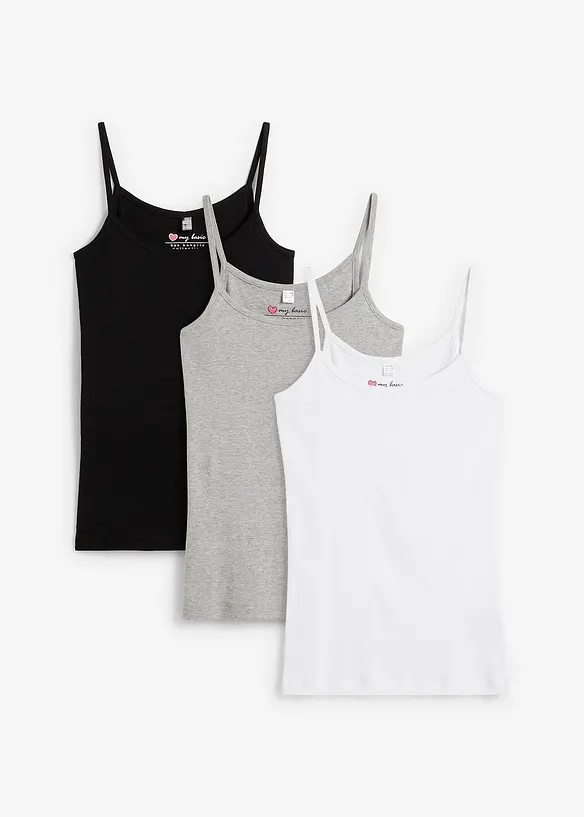 Lot de 3 tops à fines bretelles 100% coton, bonprix
