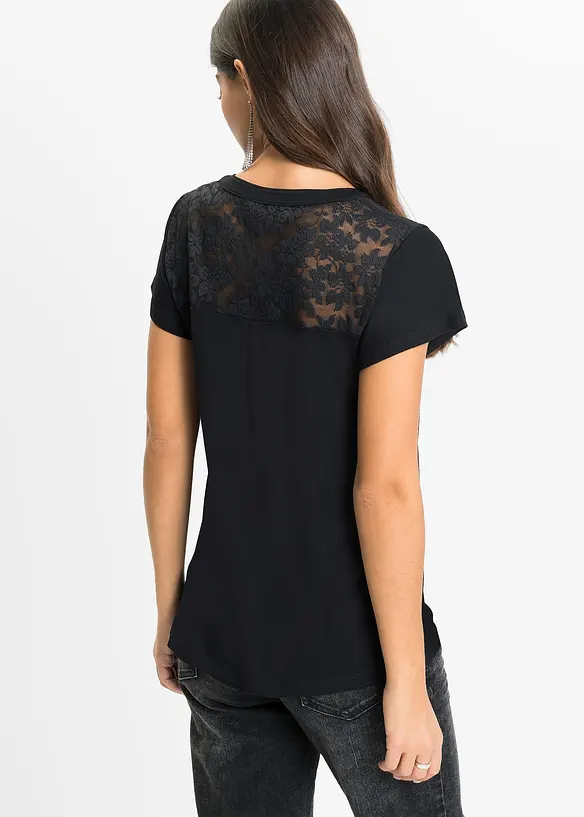 T-shirt col tunisien en viscose et dentelle, bonprix