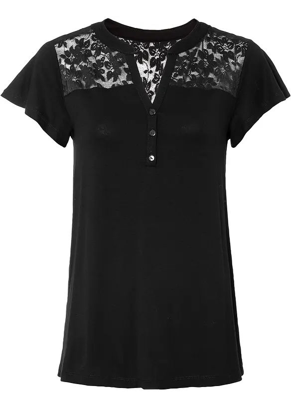 T-shirt col tunisien en viscose et dentelle, bonprix