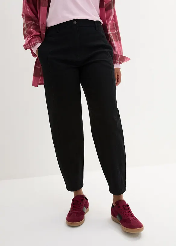 Pantalon barrel en twill à taille haute élastiquée et poches cachées dans coutures avancées, bonprix