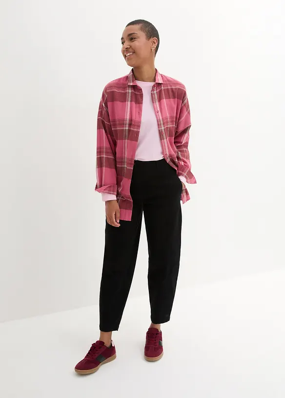 Pantalon barrel en twill à taille haute élastiquée et poches cachées dans coutures avancées, bonprix