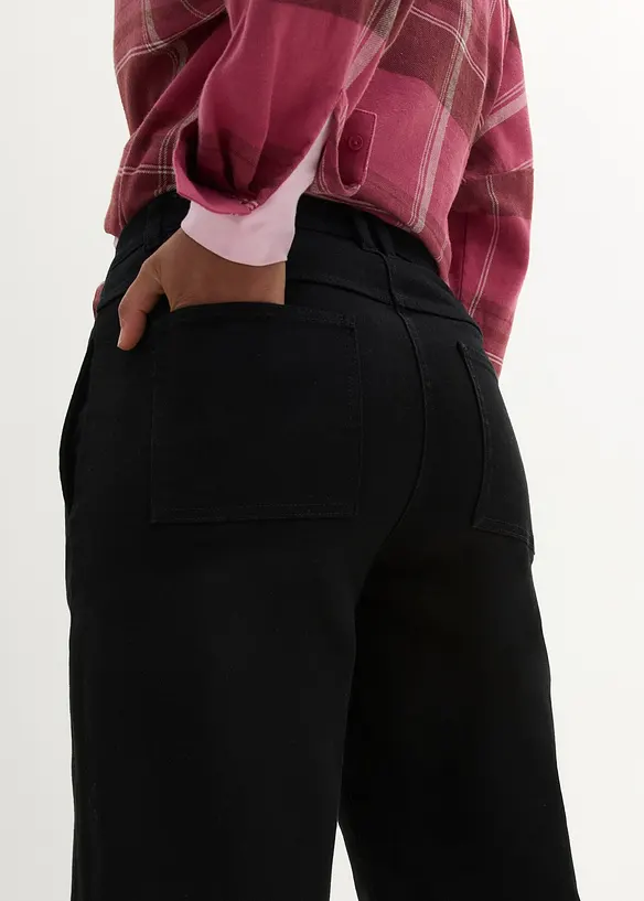 Pantalon barrel en twill à taille haute élastiquée et poches cachées dans coutures avancées, bonprix