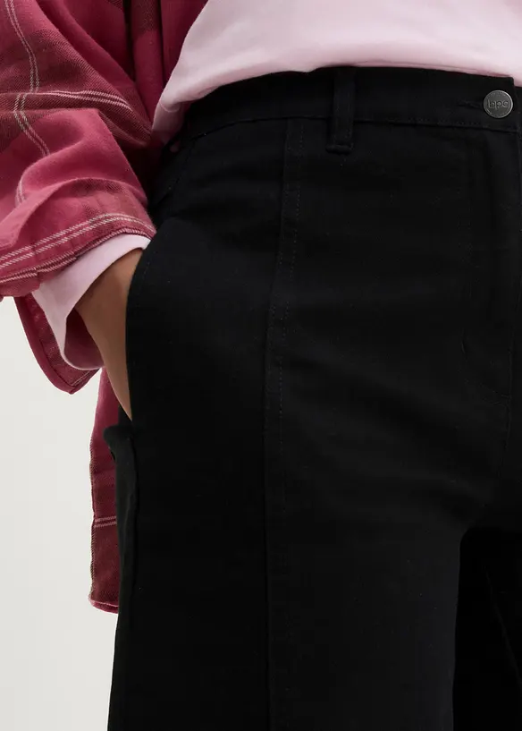 Pantalon barrel en twill à taille haute élastiquée et poches cachées dans coutures avancées, bonprix