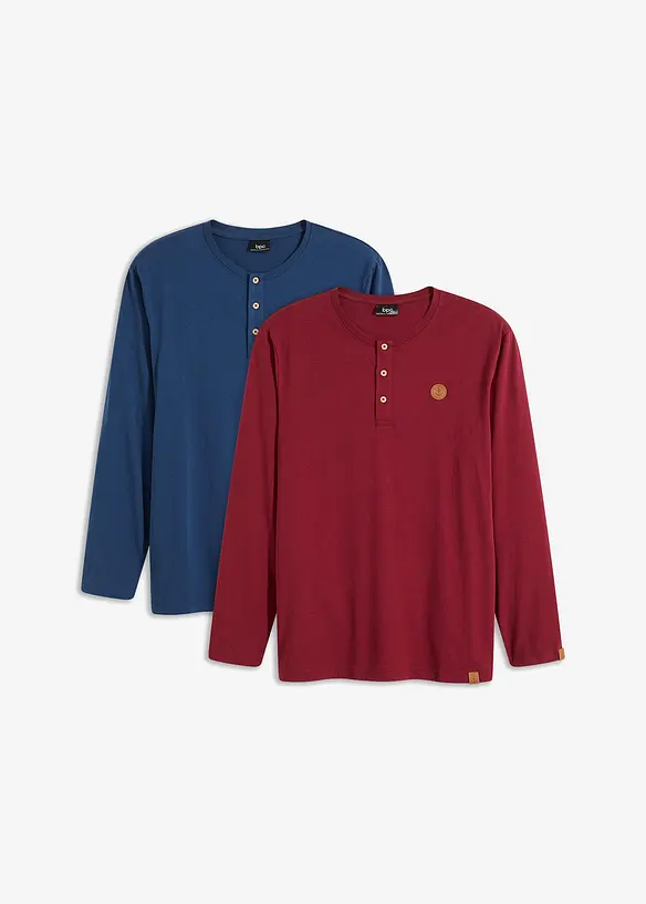 Lot de 2 T-shirts manches longues col tunisien 100% coton, bonprix