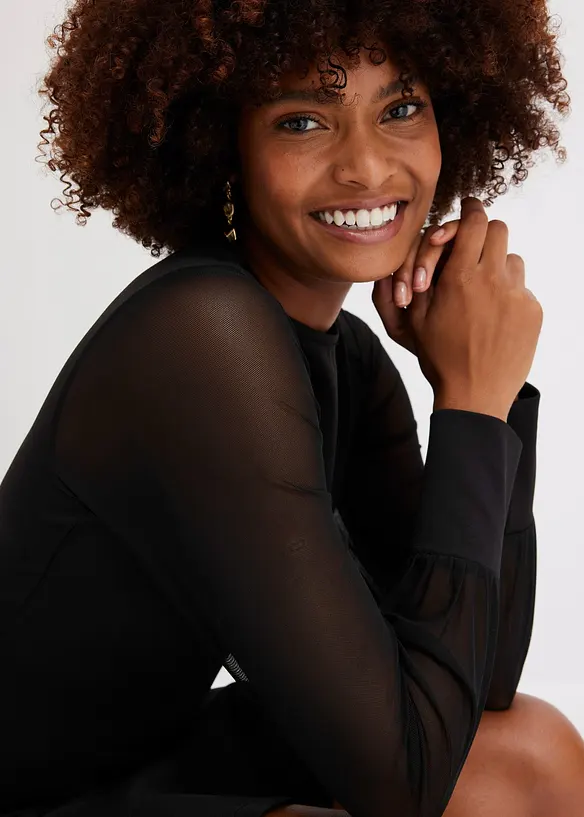Mini-robe en tissu solide effet néoprène, avec manches légères en mesh, bonprix