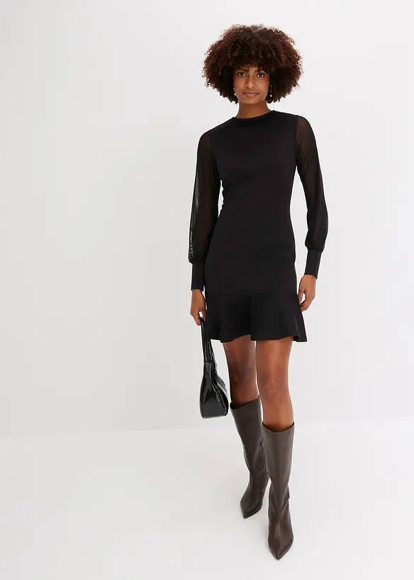 Mini-robe en tissu solide effet néoprène, avec manches légères en mesh, bonprix
