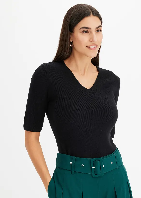 Pull manches courtes côtelé en viscose mélangée, bonprix