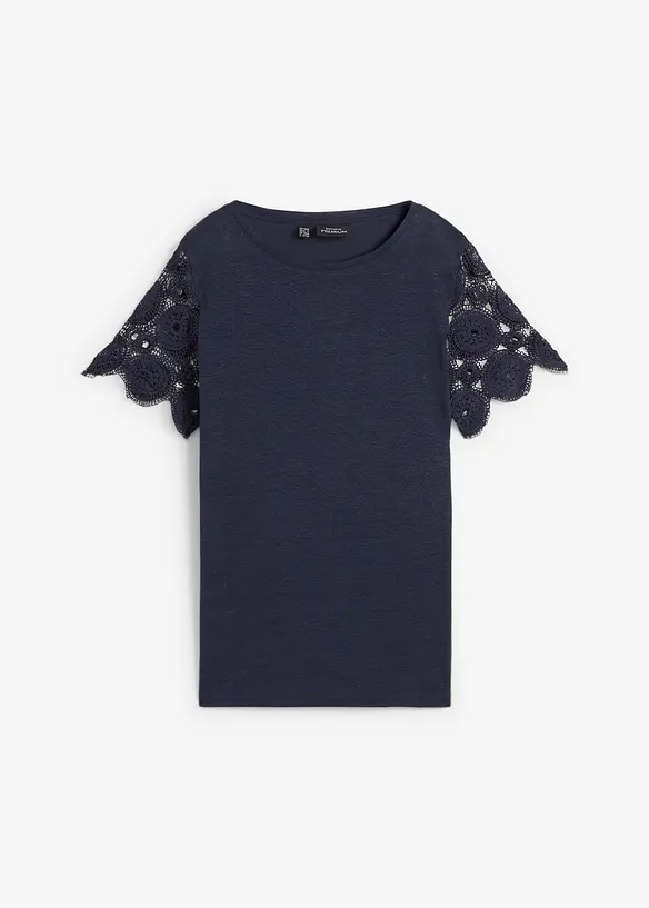 T-shirt 100 % lin avec manches en crochet, bonprix