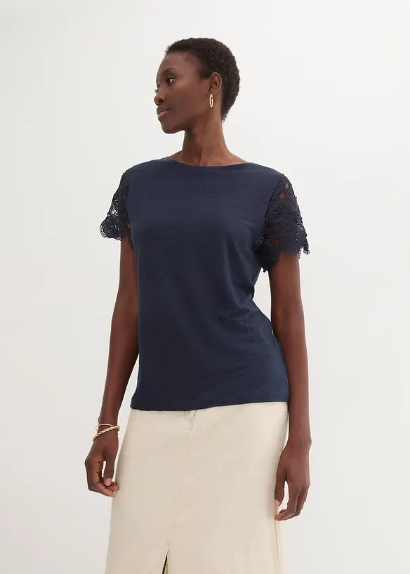 T-shirt 100 % lin avec manches en crochet, bonprix
