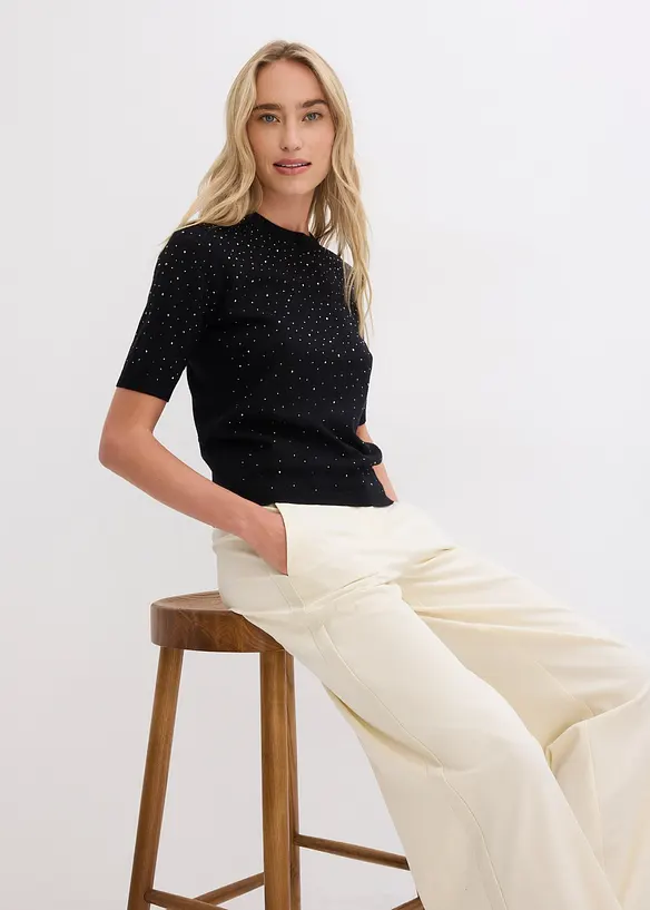 Halbarm Feinstrickpullover mit Glitzersteinchen, bonprix