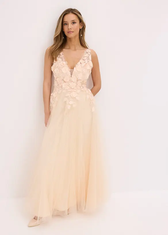 Maxikleid aus zartem Tüll mit Blumen-Applikation, bonprix