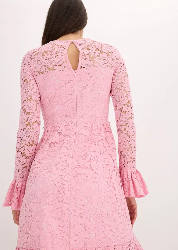 Robe en dentelle avec ruban de satin et volants, bonprix