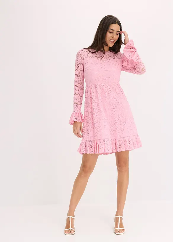 Robe en dentelle avec ruban de satin et volants, bonprix
