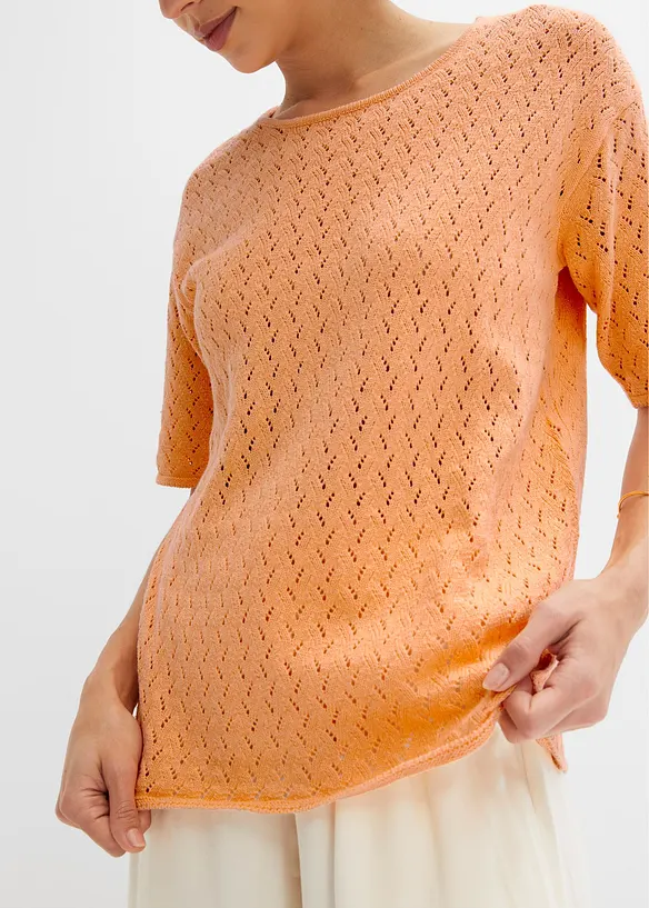T-shirt en maille ajourée avec lin, manches coudes, bonprix
